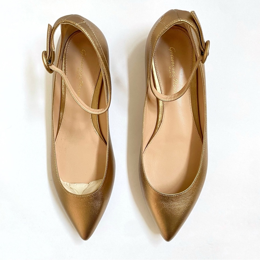 Gianvito Rossi Metallic Gold leather ankle strap pointed toe ballet flats - Picture 2 of 10